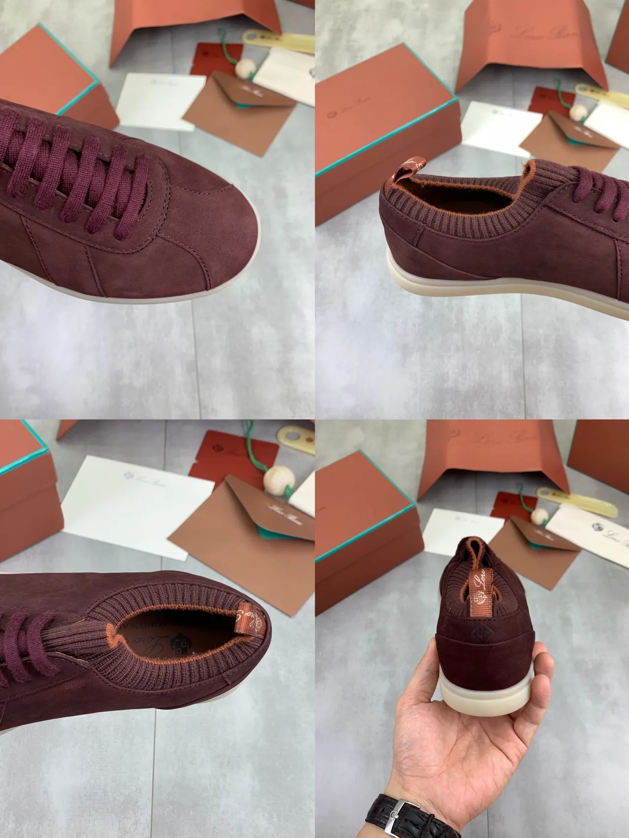 Burgundy Suede Knit-Collar Low-Top Sneakers 2