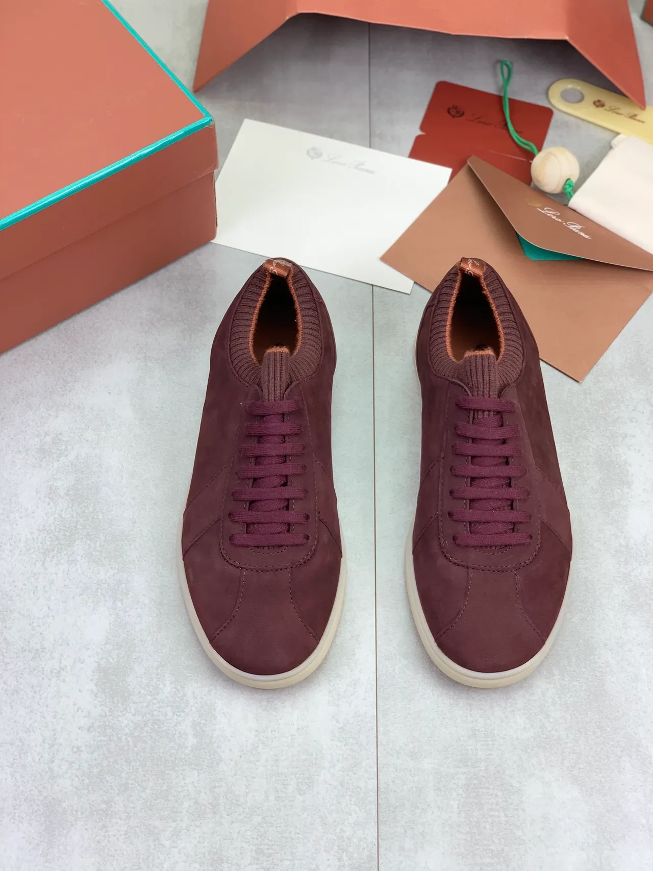 Burgundy Suede Knit-Collar Low-Top Sneakers 4