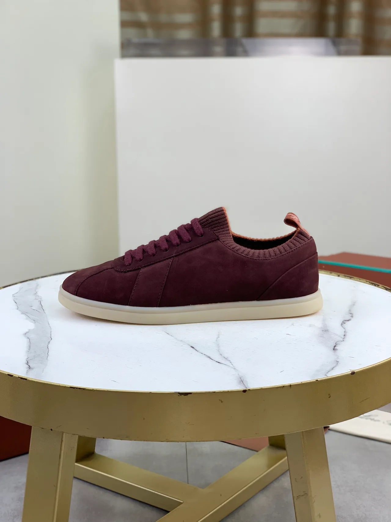 Burgundy Suede Knit-Collar Low-Top Sneakers 5