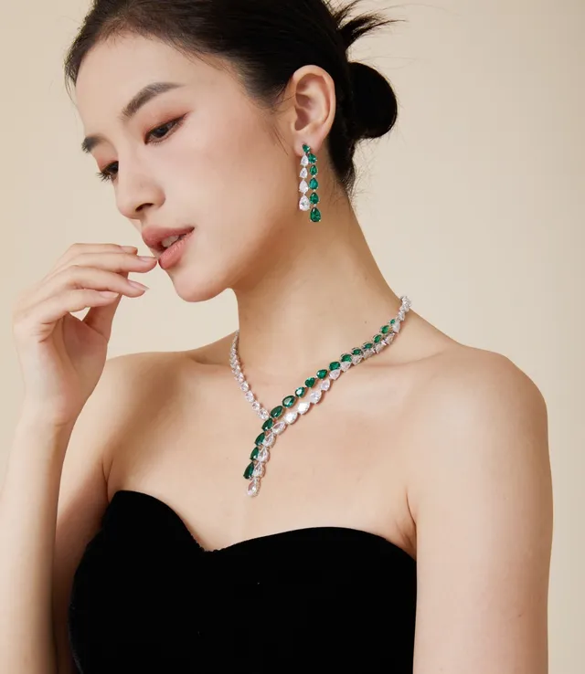Cascade Pear-Cut Green and White Gemstone Earrings 3