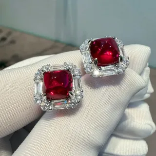 Cushion-Cut Red Gemstone and Diamond Halo Earrings