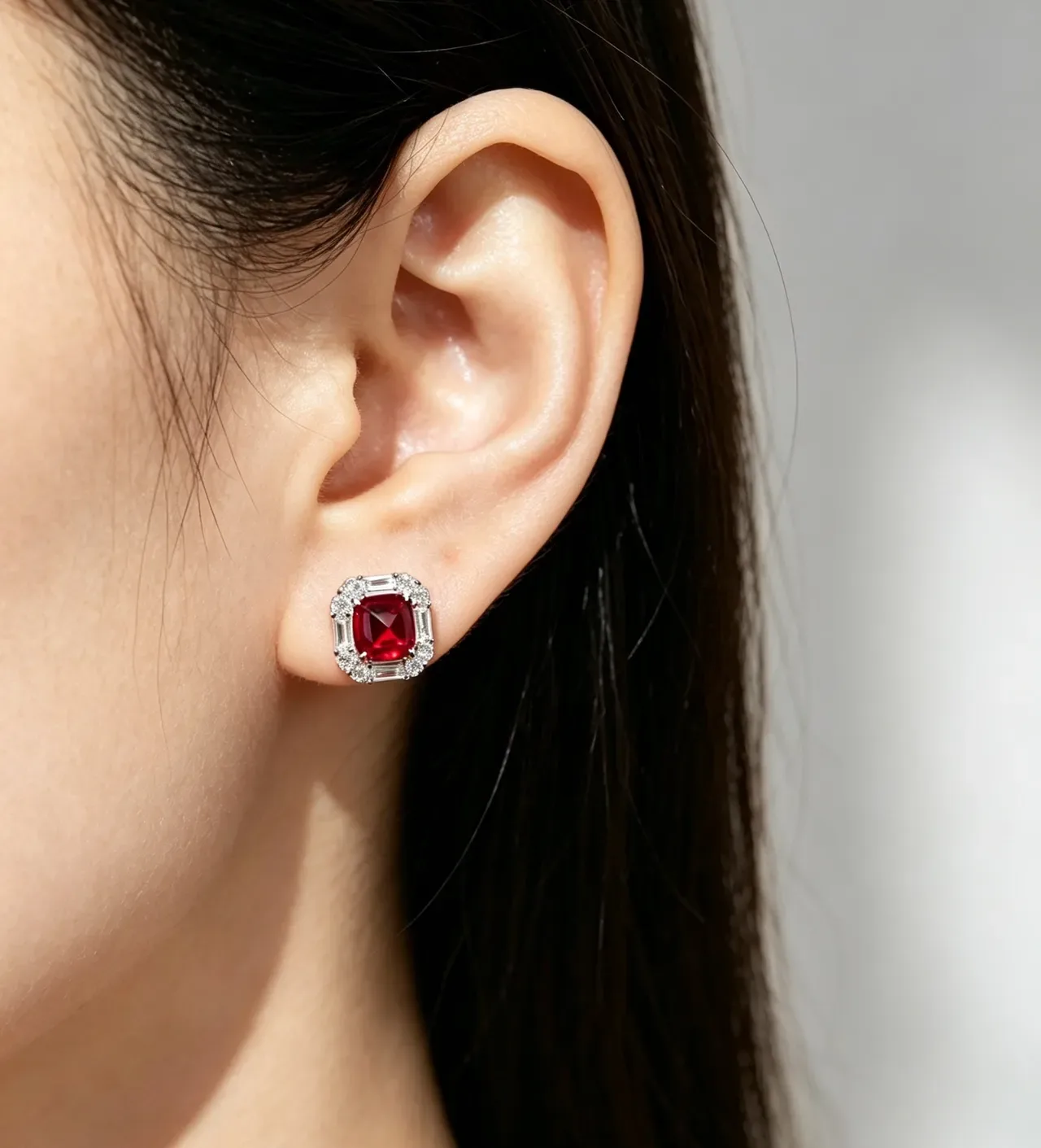 Cushion-Cut Red Gemstone and Diamond Halo Earrings 2