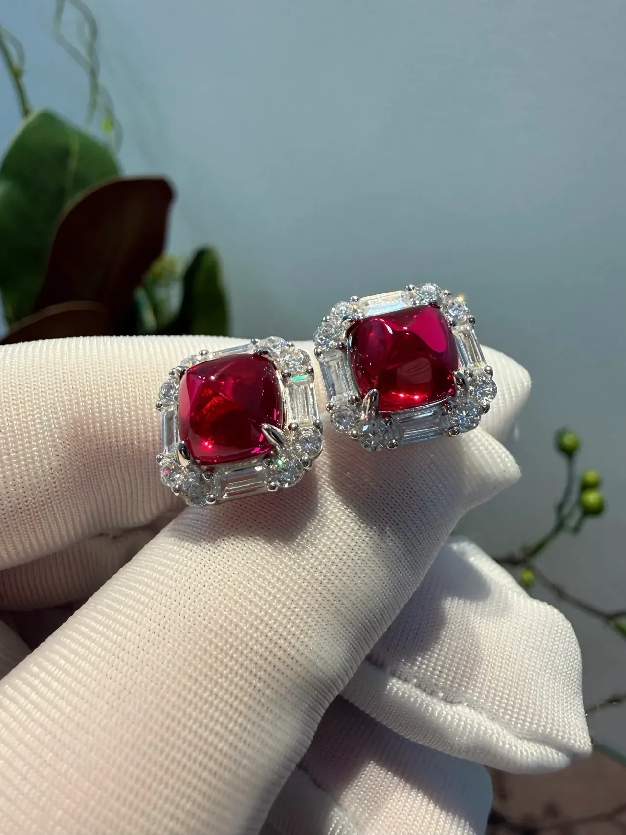 Cushion-Cut Red Gemstone and Diamond Halo Earrings 3