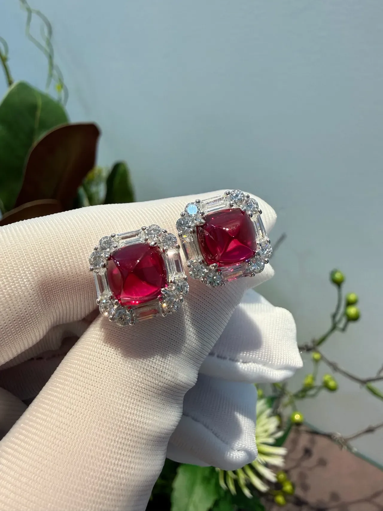 Cushion-Cut Red Gemstone and Diamond Halo Earrings 4