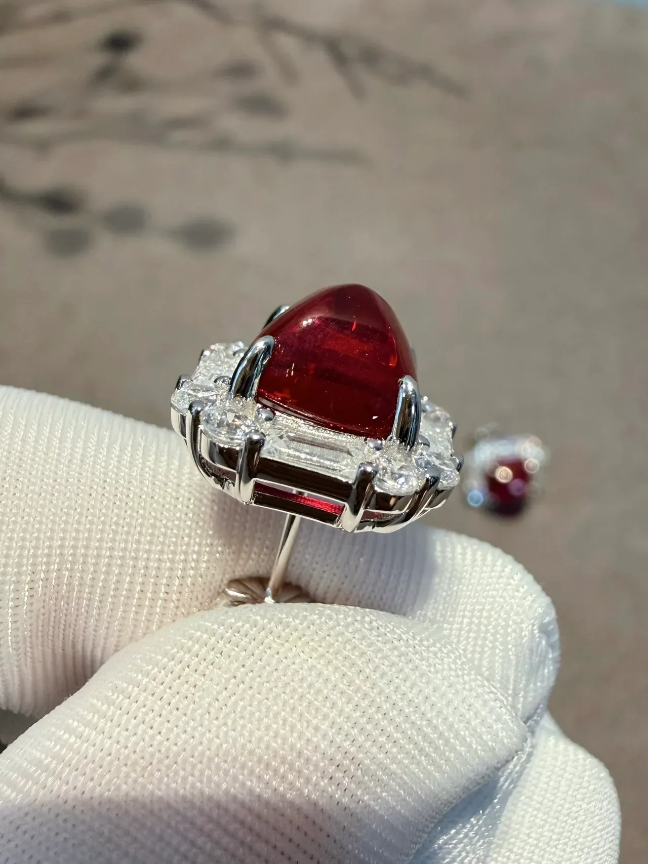 Cushion-Cut Red Gemstone and Diamond Halo Earrings 6