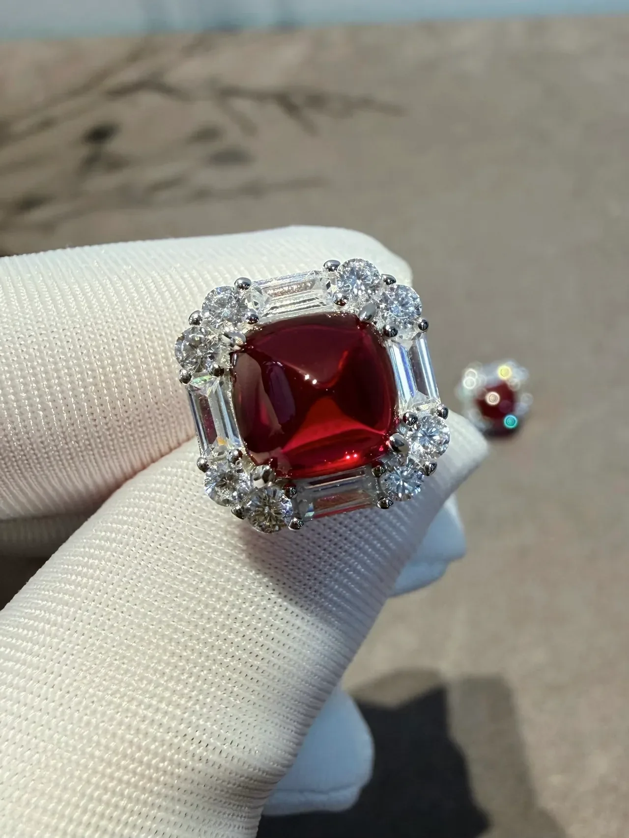 Cushion-Cut Red Gemstone and Diamond Halo Earrings 7