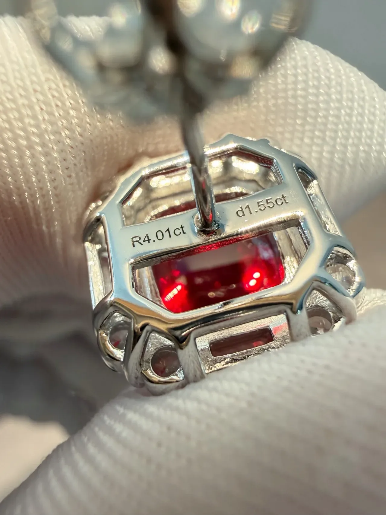 Cushion-Cut Red Gemstone and Diamond Halo Earrings 8