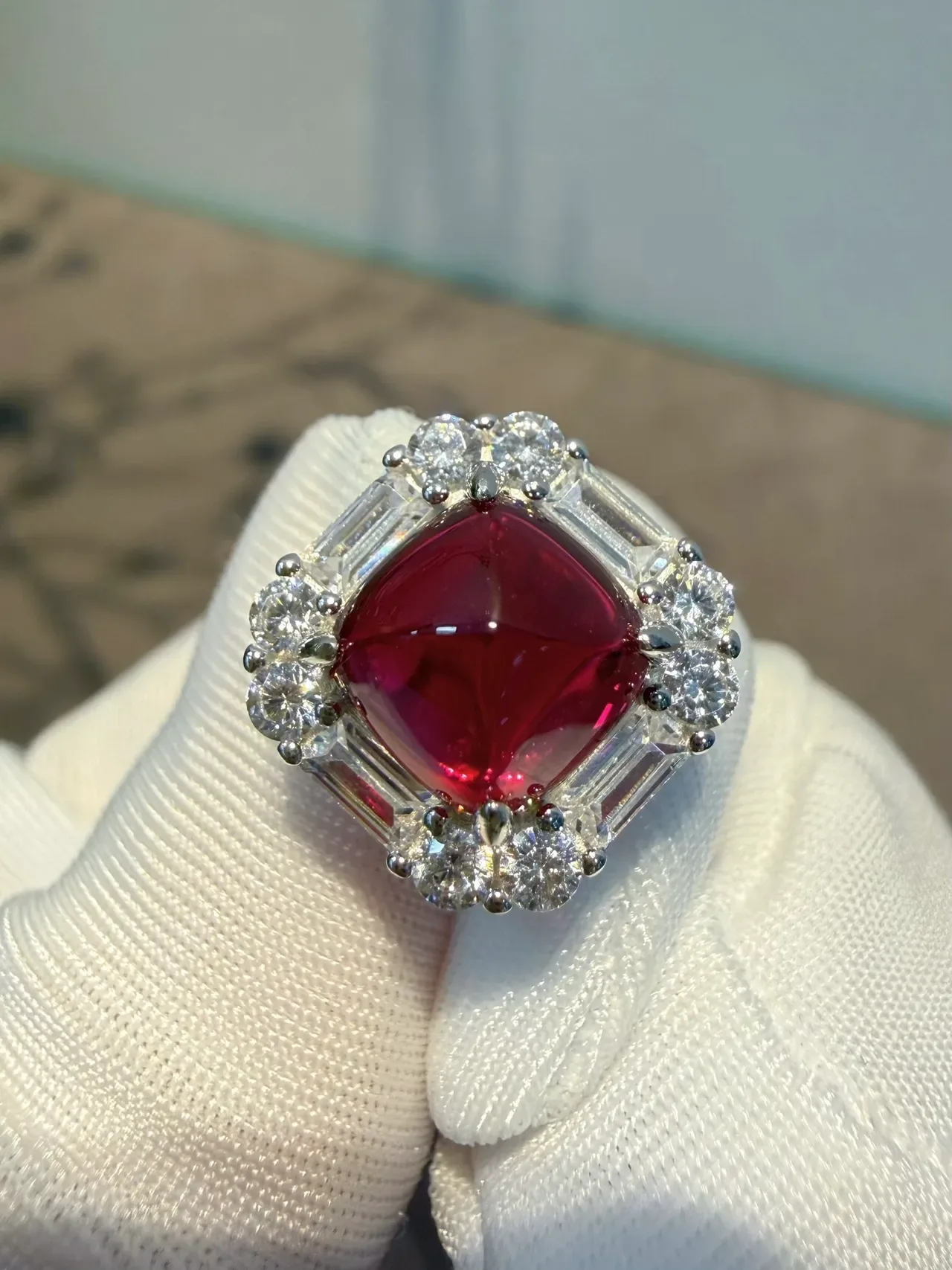 Cushion-Cut Red Gemstone and Diamond Halo Earrings 9
