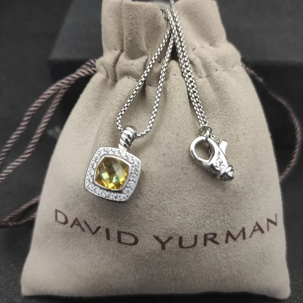 David Yurman Albion Pendentif Carré Jaune Argent Pavé Halo Collier 2