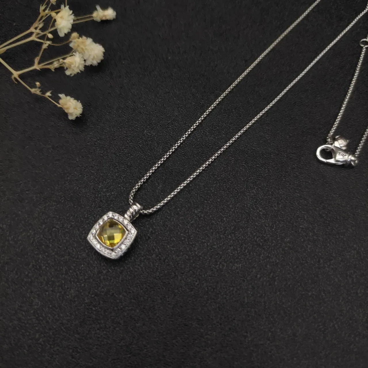 David Yurman Albion Pendentif Carré Jaune Argent Pavé Halo Collier 4