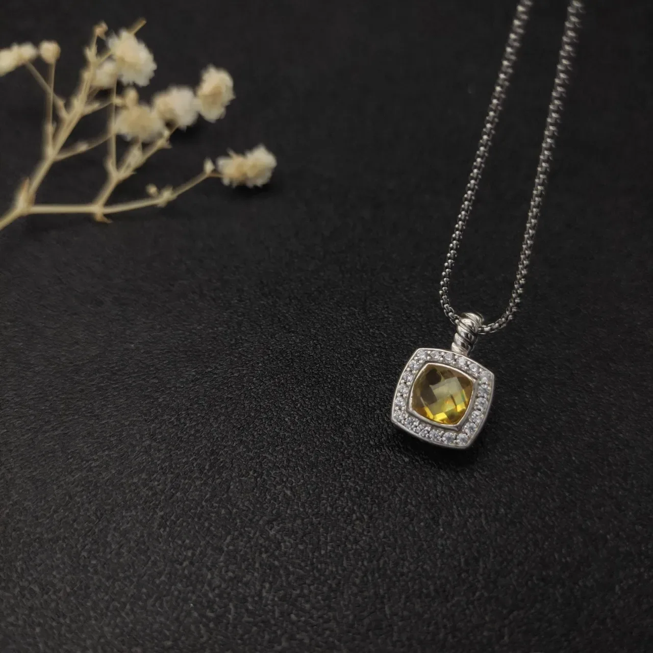 David Yurman Albion Pendentif Carré Jaune Argent Pavé Halo Collier 5