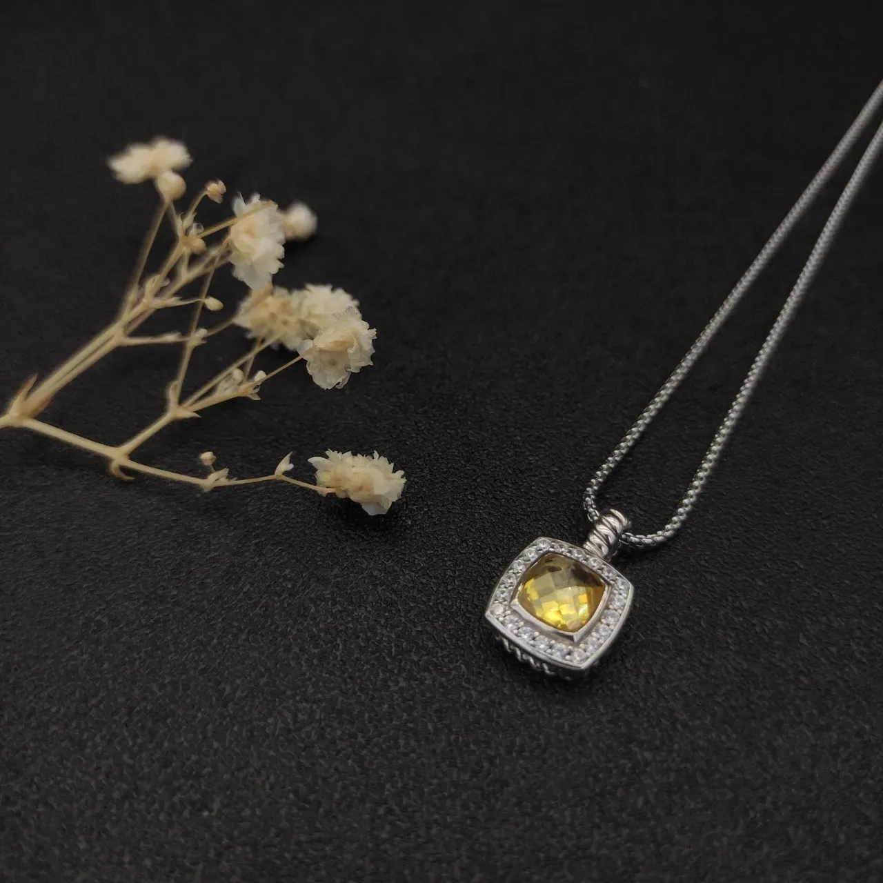 David Yurman Albion Pendentif Carré Jaune Argent Pavé Halo Collier 6