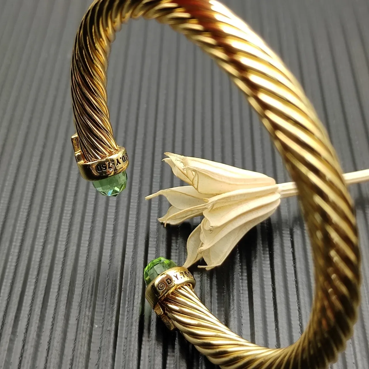 David Yurman Cable Classic Gold Green Twisted Gemstone Terminals Bracelet 5