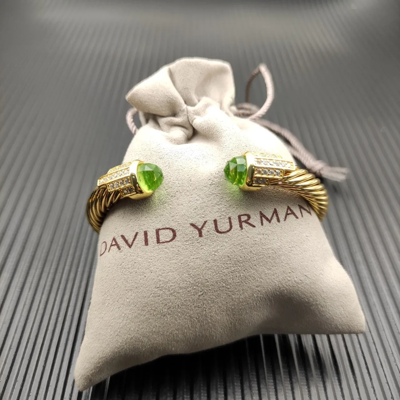 David Yurman Cable Classic Gold Green Twisted Gemstone Terminals Bracelet 7