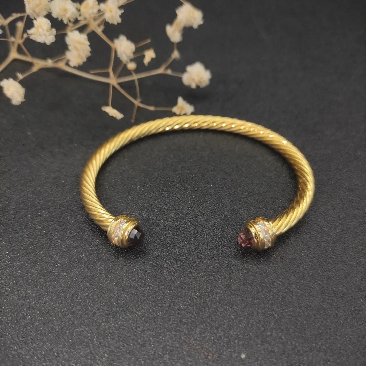 David Yurman Cable Classics Gold Brown Twisted Gemstone-Capped Terminals Bracelet 7