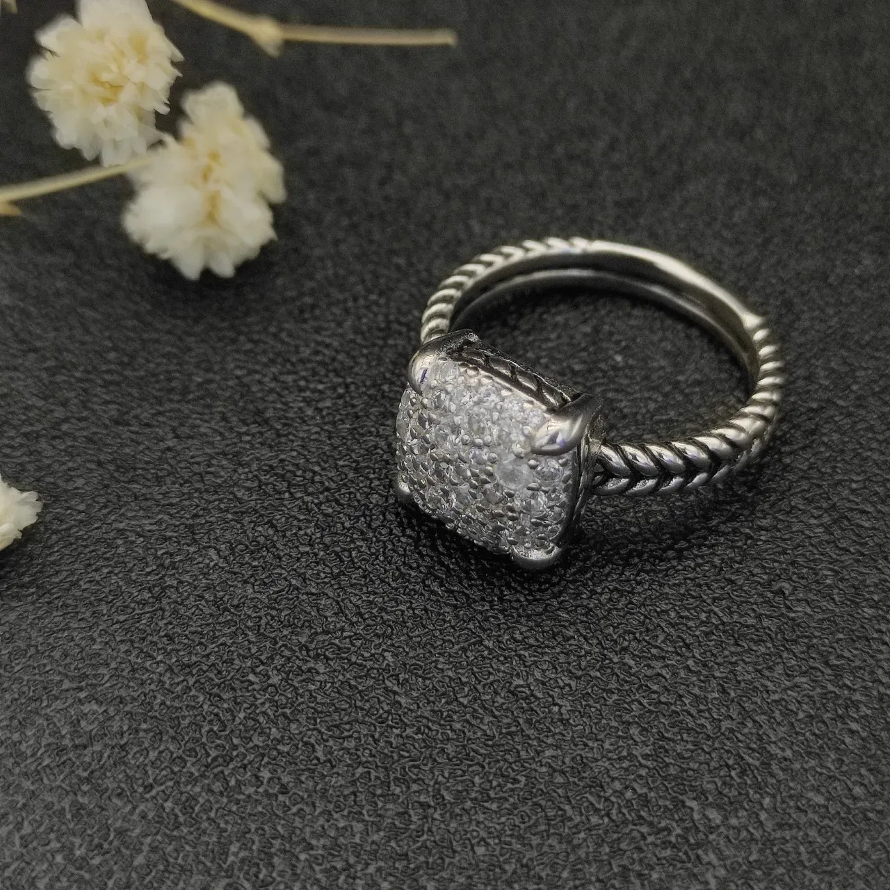 David Yurman Cable Classics Silver White Twisted Band Square Pavé-Set Head Ring 2