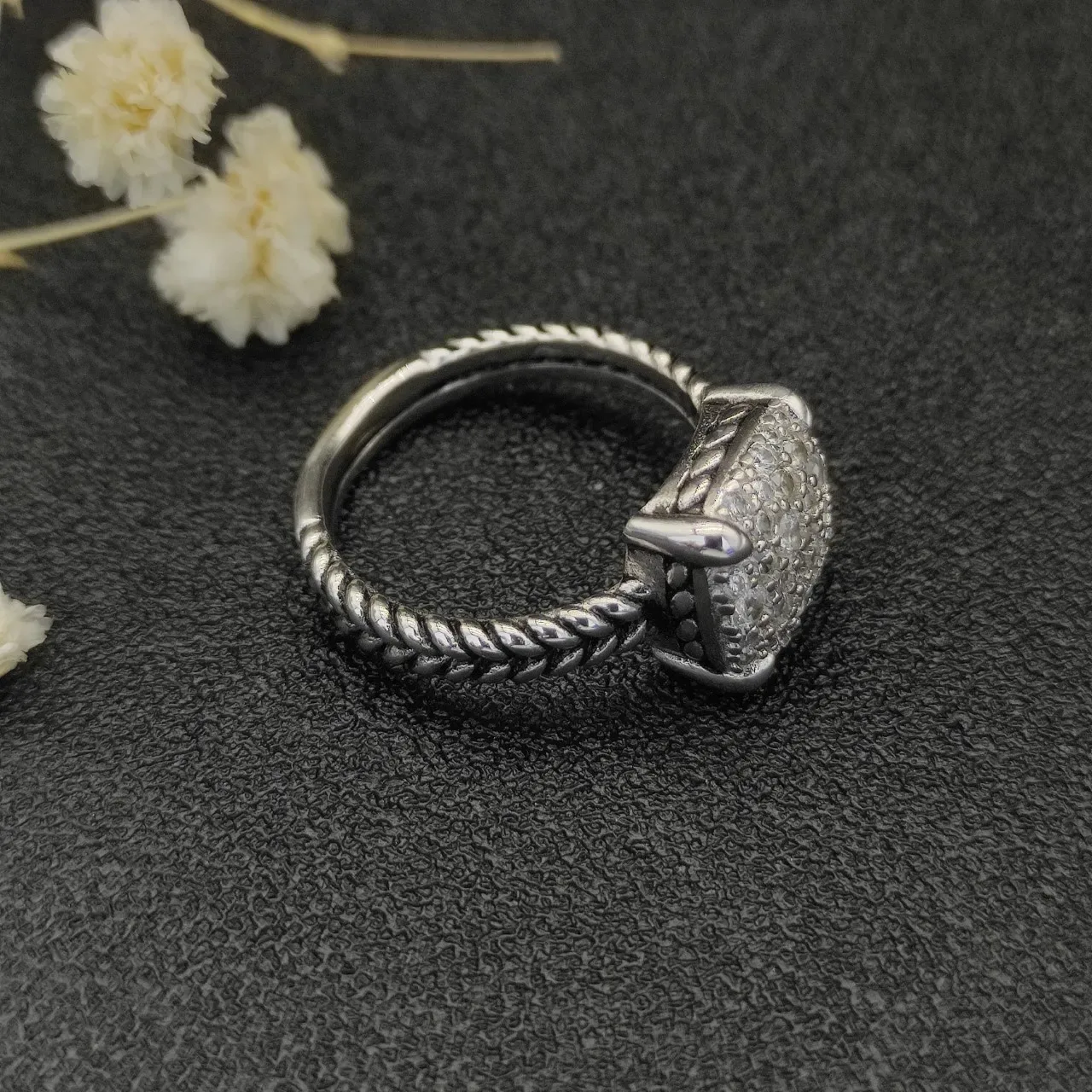 David Yurman Cable Classics Silver White Twisted Band Square Pavé-Set Head Ring 3