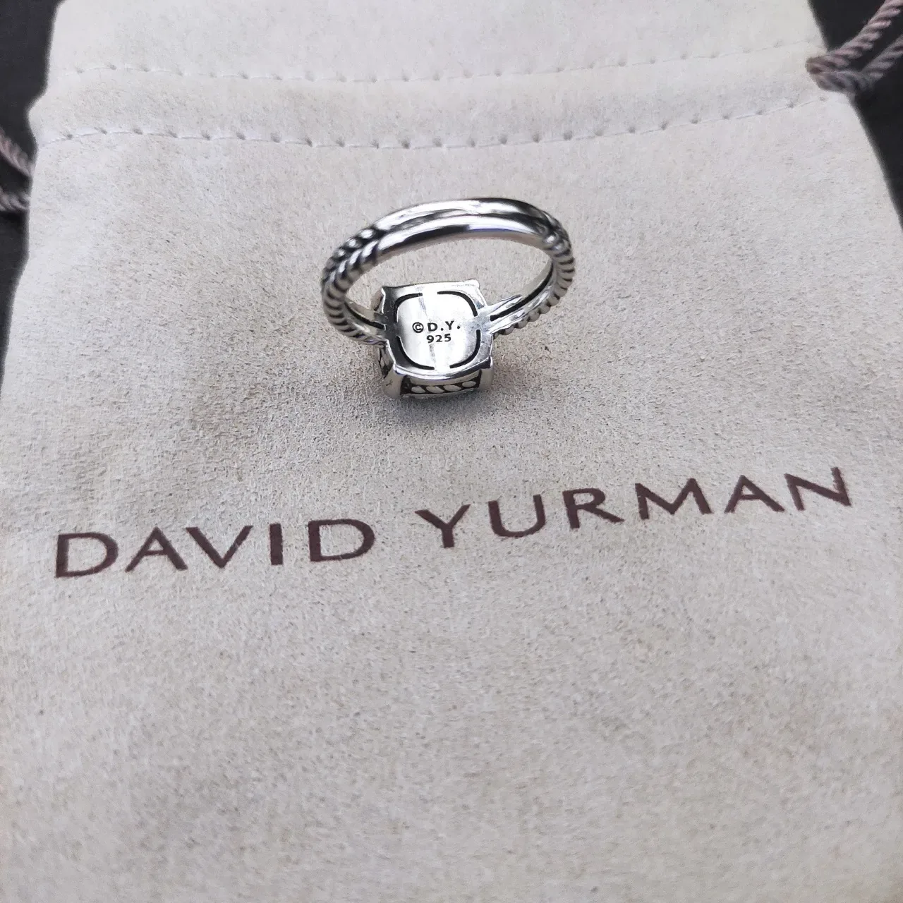 David Yurman Cable Classics Silver White Twisted Band Square Pavé-Set Head Ring 7