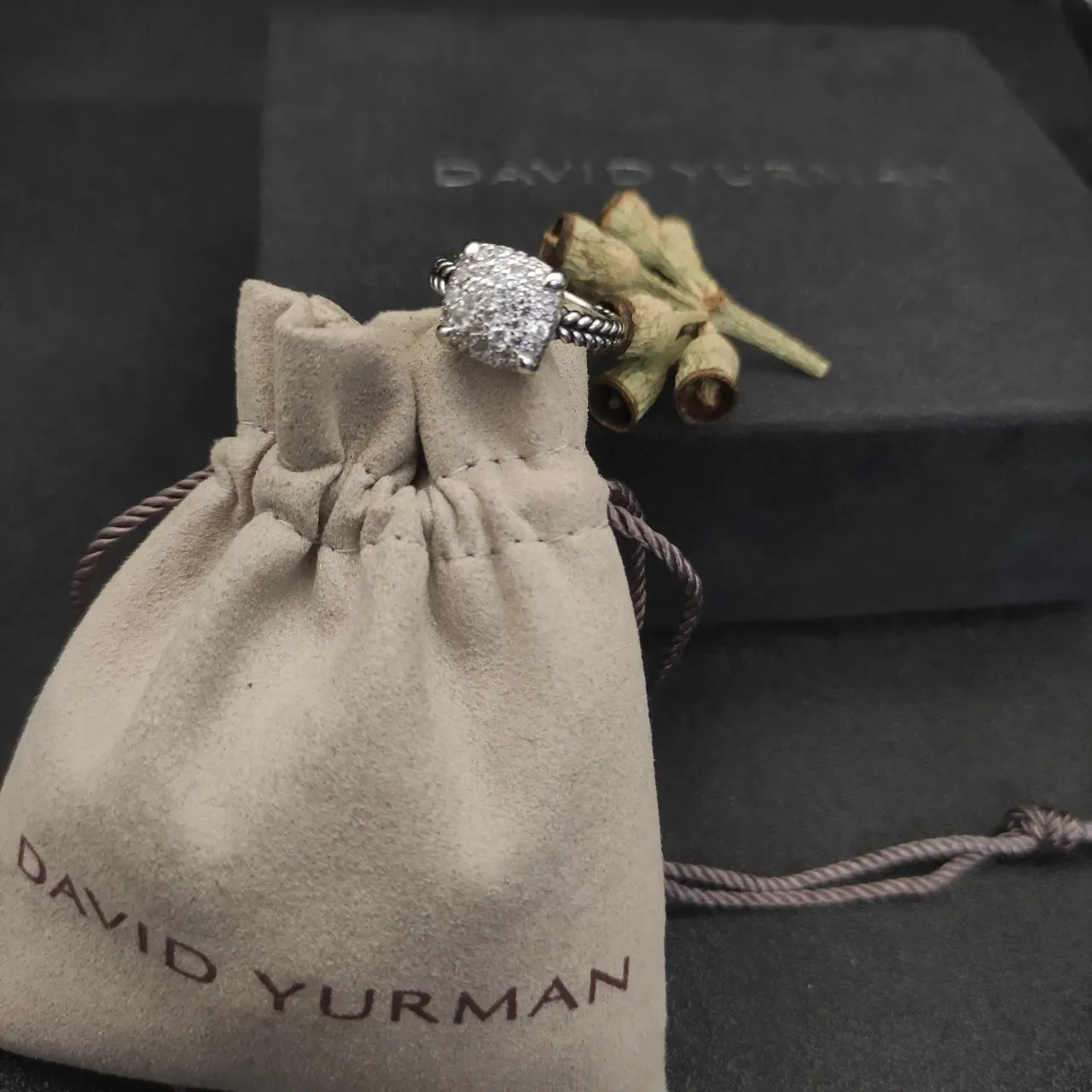 David Yurman Cable Classics Silver White Twisted Band Square Pavé-Set Head Ring 9