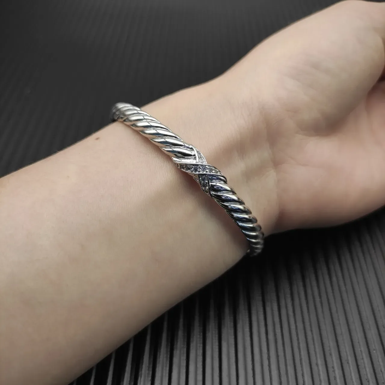 David Yurman Cable Classics Twisted Diamond Accent Silver Bracelet 8