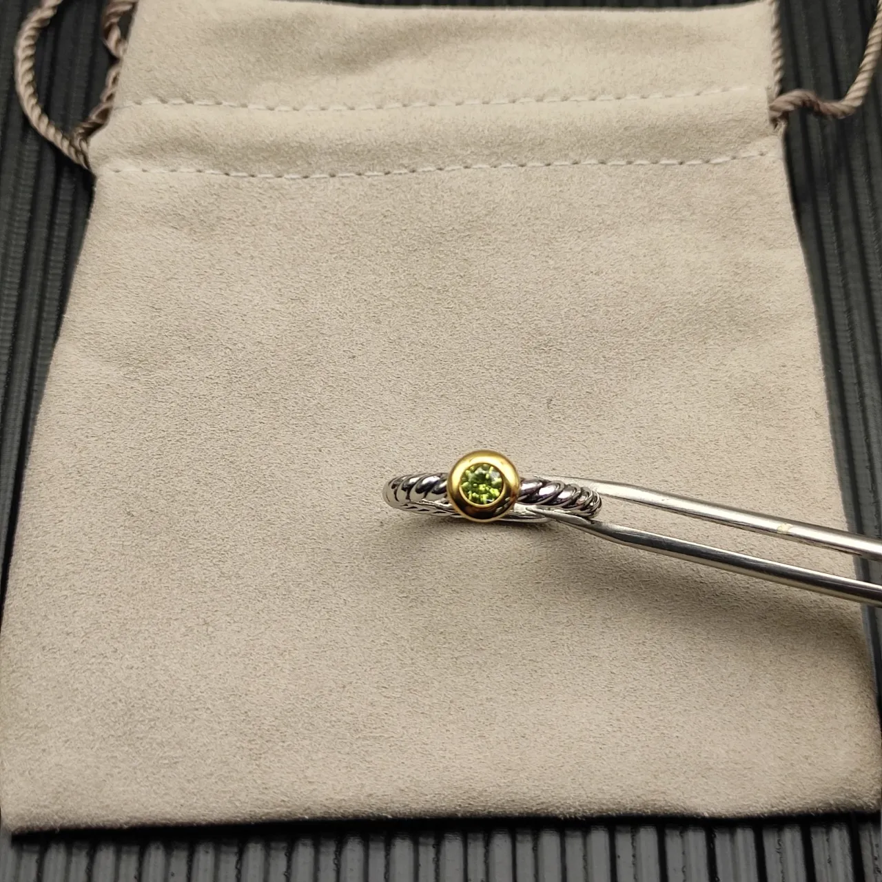 David Yurman Cable Collectibles Silver Gold Twisted Band Bezel-Set Round Gemstone Ring 6
