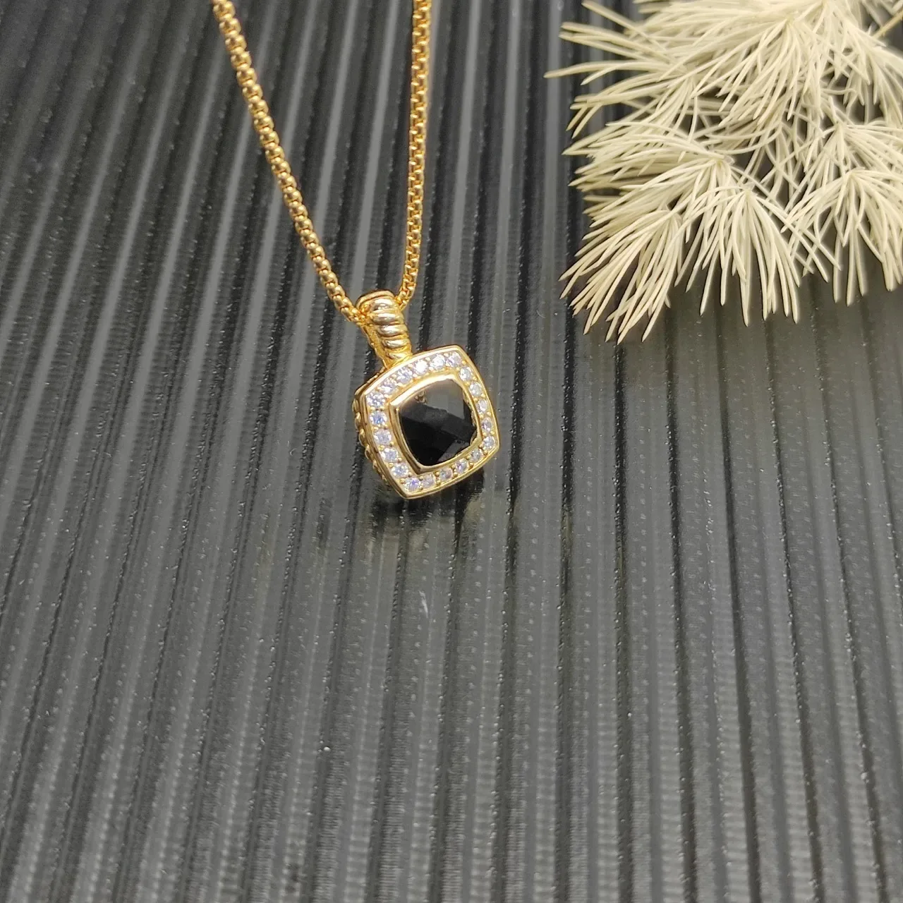 David Yurman Gold Black Chain Square Cushion Pendant Necklace 5