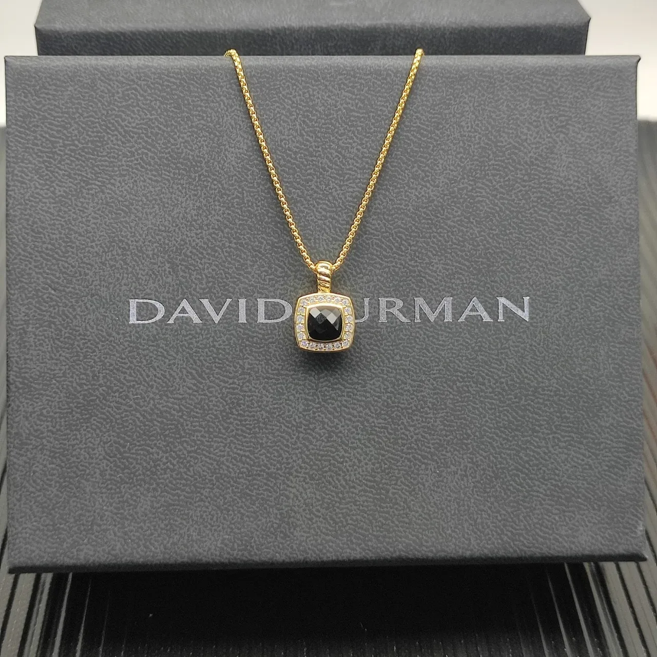 David Yurman Gold Black Chain Square Cushion Pendant Necklace 6