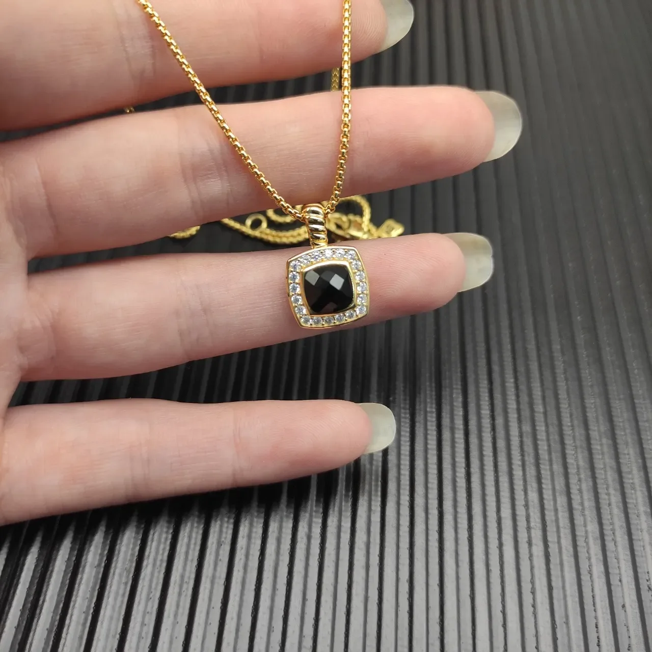 David Yurman Gold Black Chain Square Cushion Pendant Necklace 7