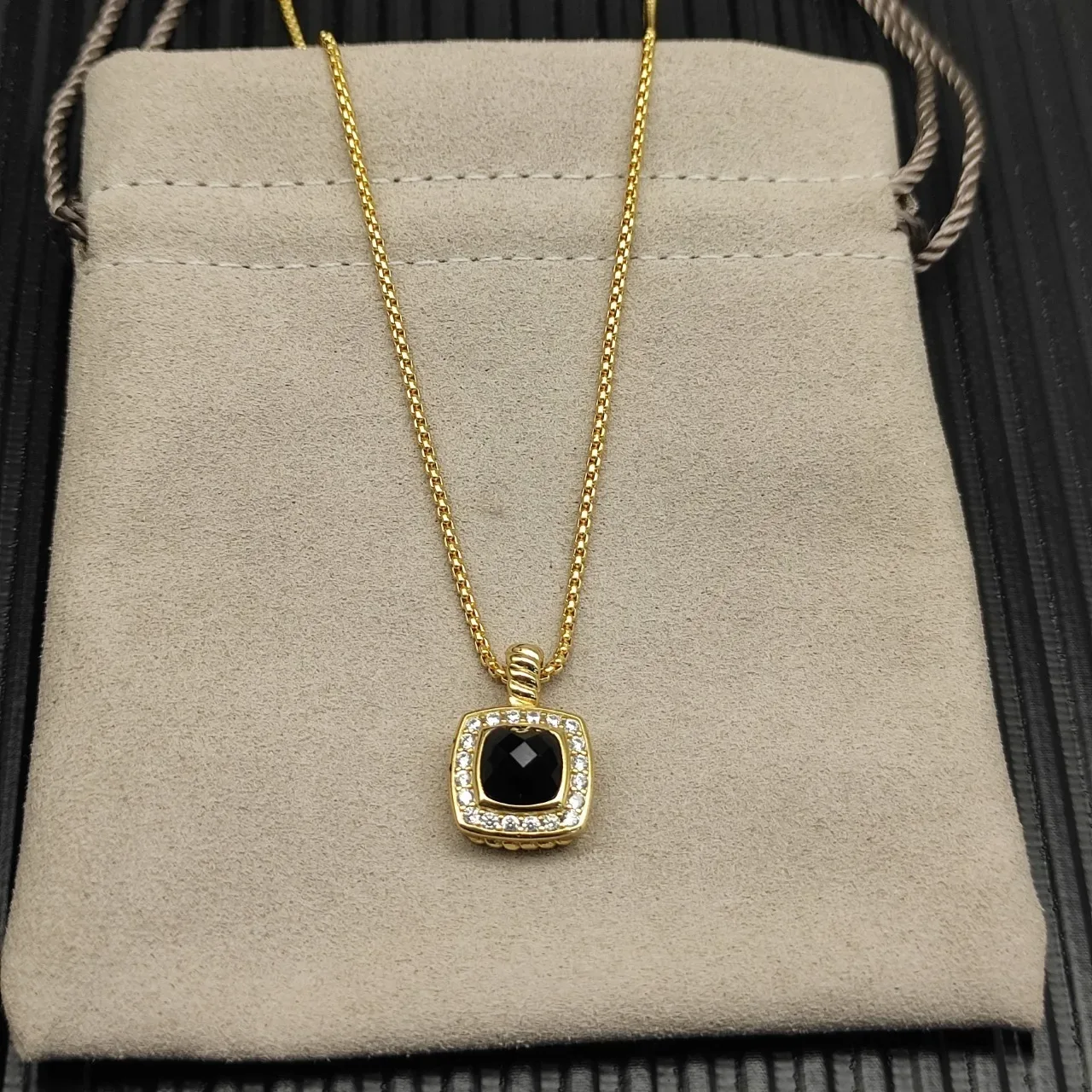 David Yurman Gold Black Chain Square Cushion Pendant Necklace 8