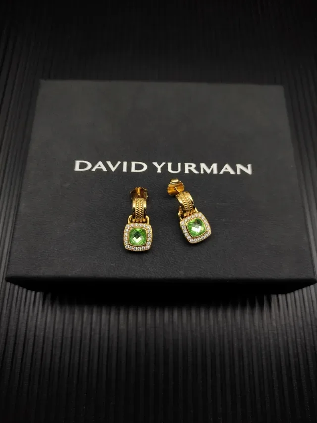 David Yurman Boucles d'Oreilles Halo Gemmes Vertes et Diamants en Doré 3