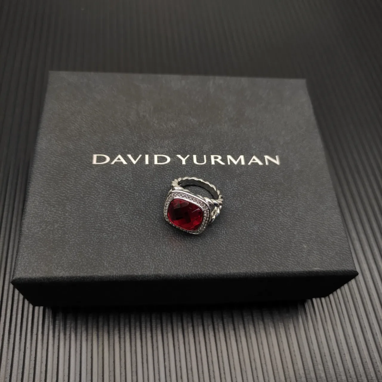 David Yurman Red Silver Twisted Cable Band Cushion-Cut Center Stone Ring 5
