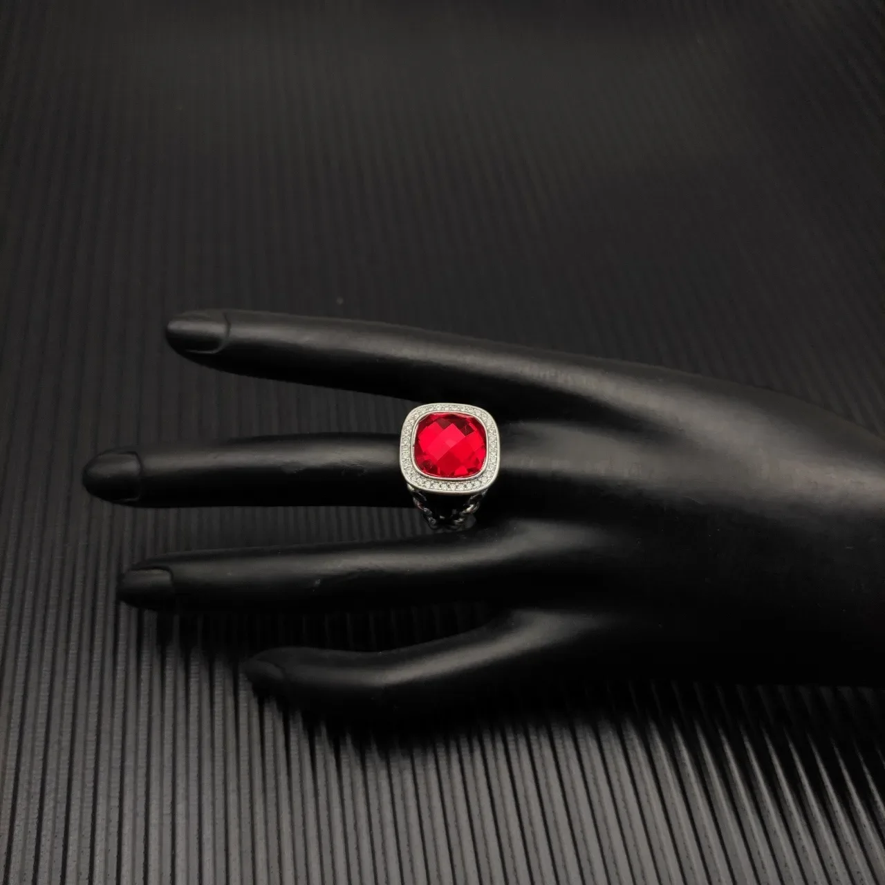 David Yurman Red Silver Twisted Cable Band Cushion-Cut Center Stone Ring 6