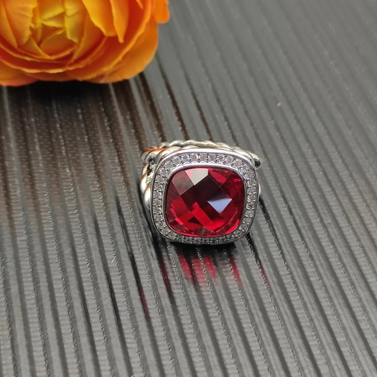 David Yurman Red Silver Twisted Cable Band Cushion-Cut Center Stone Ring 7