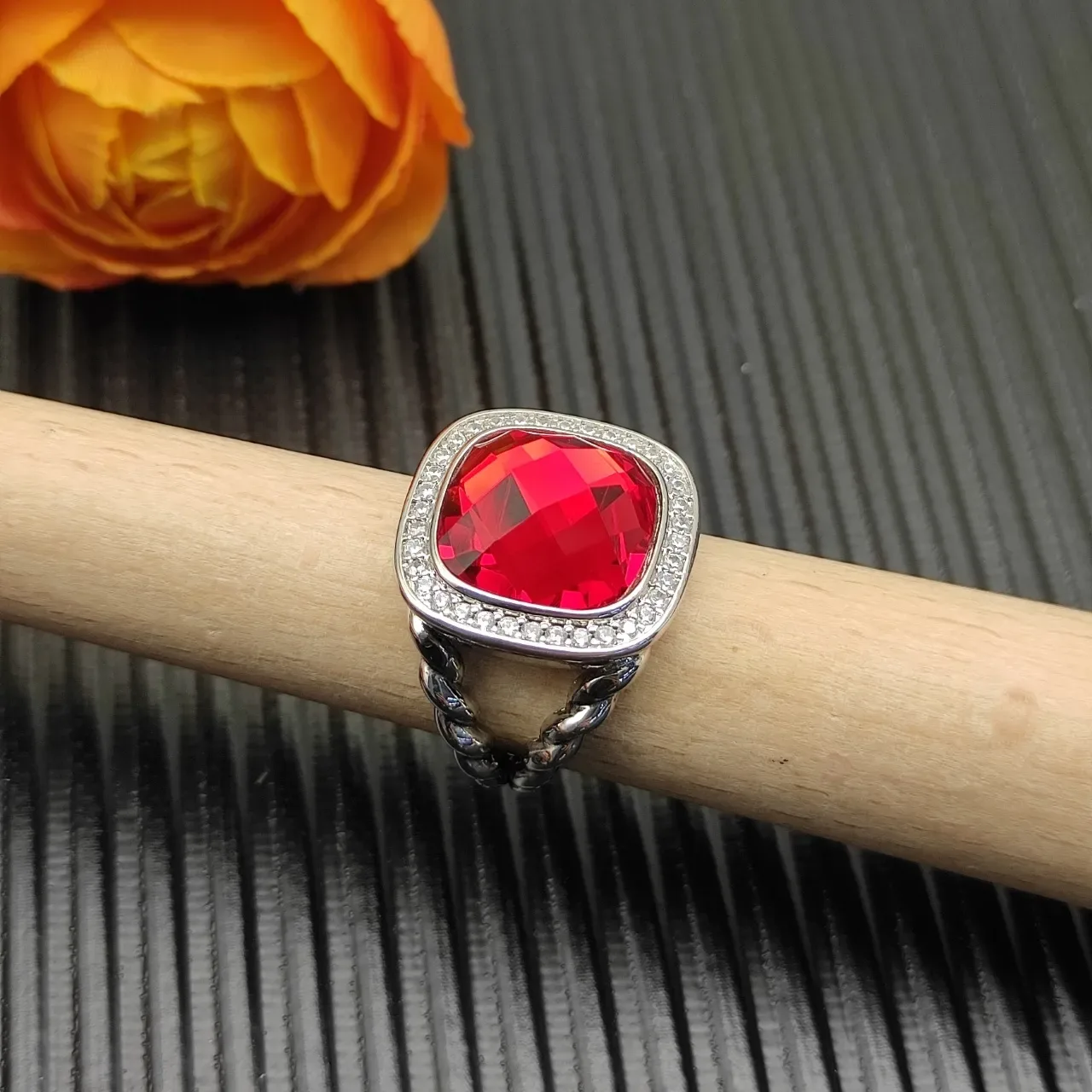 David Yurman Red Silver Twisted Cable Band Cushion-Cut Center Stone Ring 8