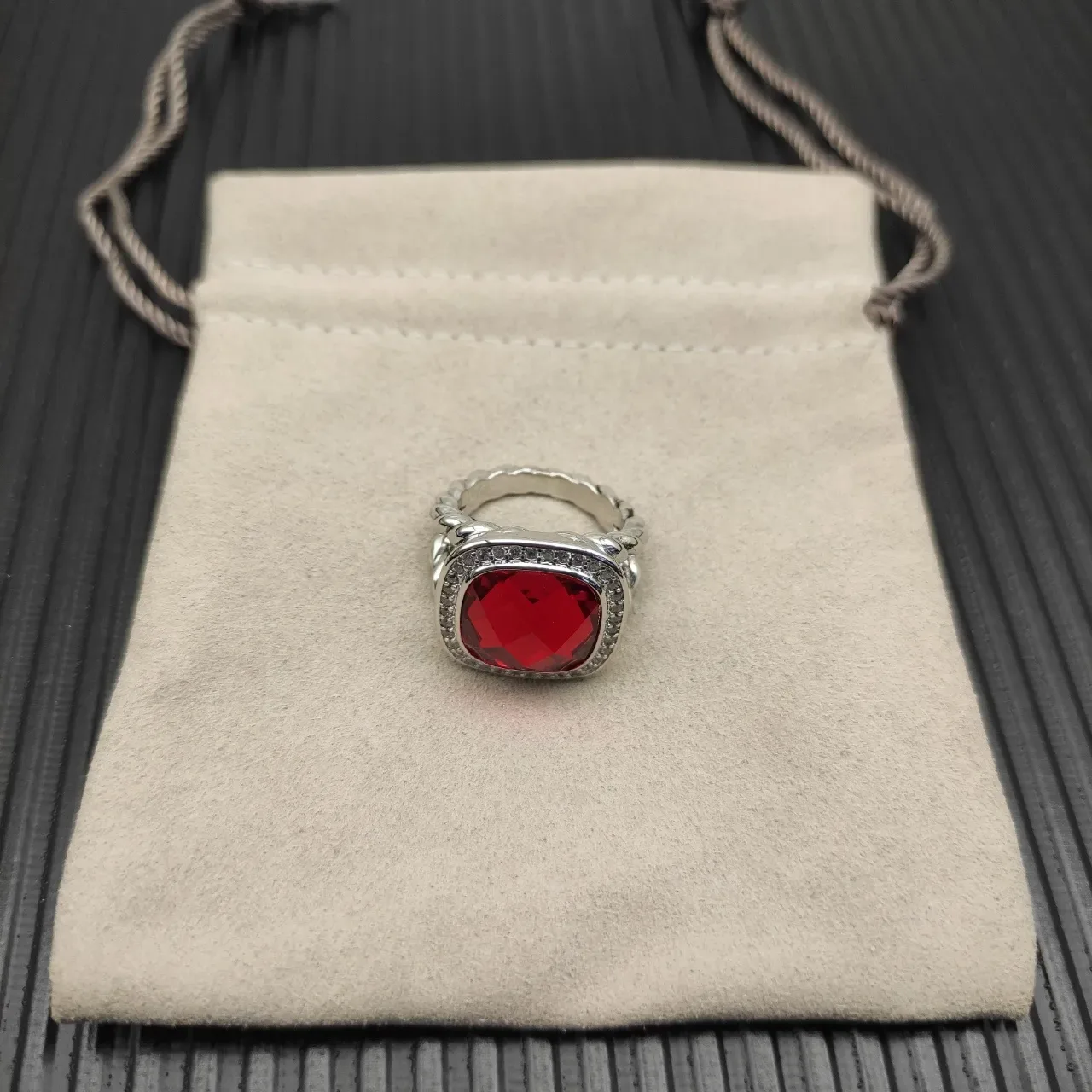 David Yurman Red Silver Twisted Cable Band Cushion-Cut Center Stone Ring 9