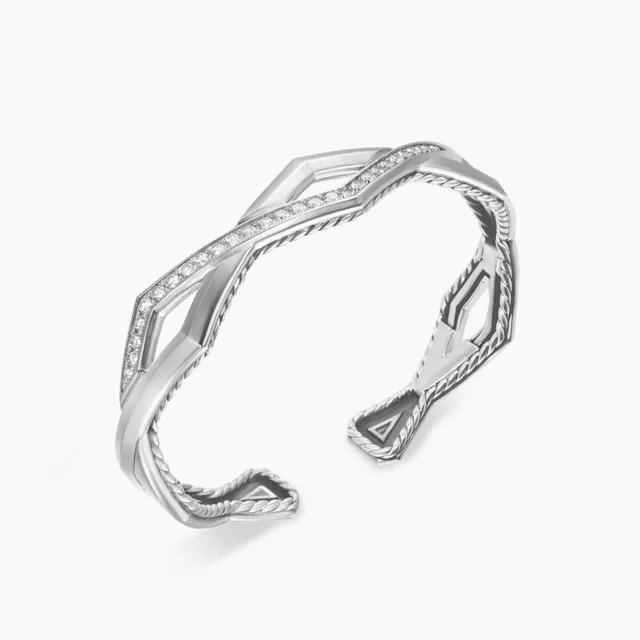 David Yurman Argent Noir Géométrique Ouvert Manchette Pavé-Set Pierres Bracelet 2