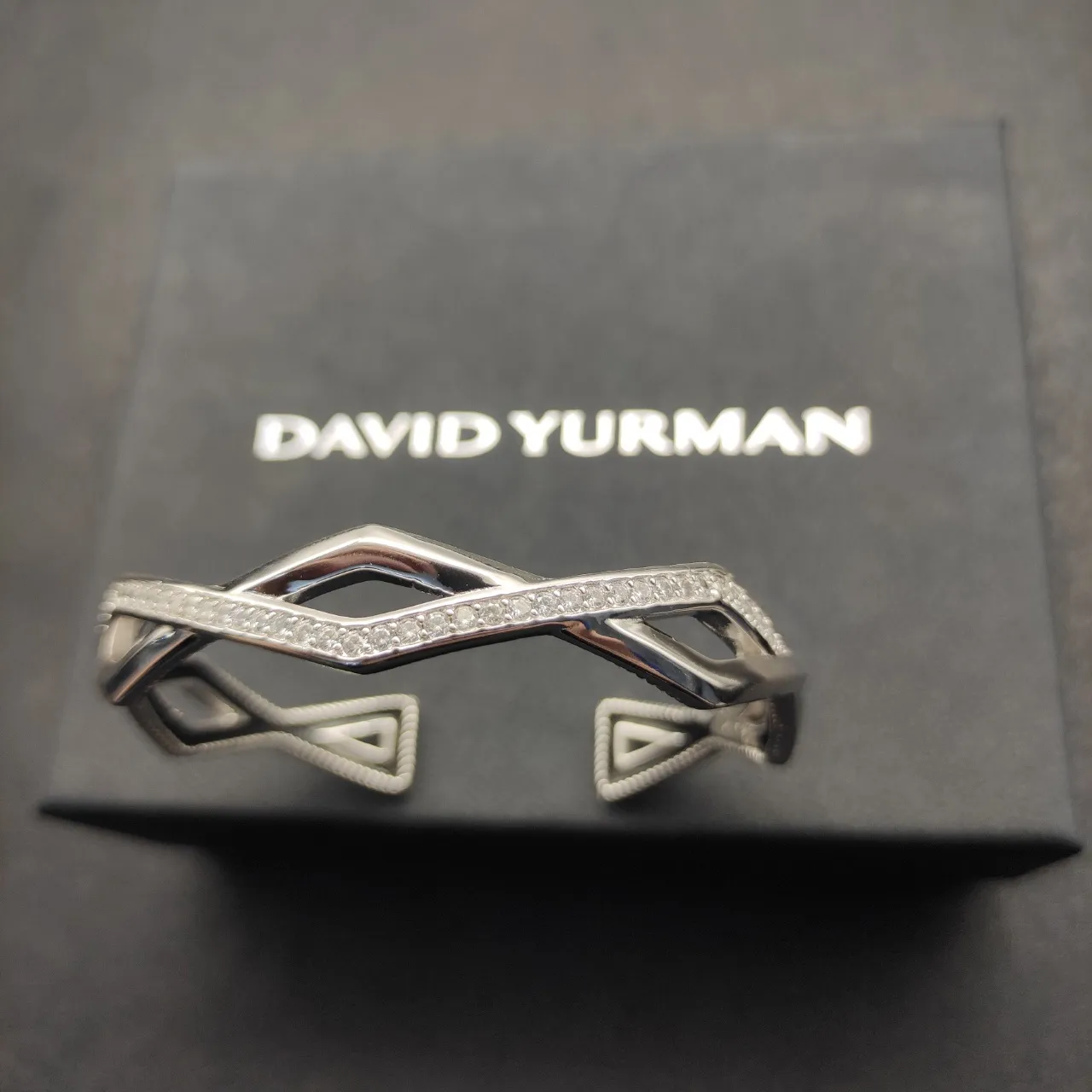David Yurman Argent Noir Géométrique Ouvert Manchette Pavé-Set Pierres Bracelet 4