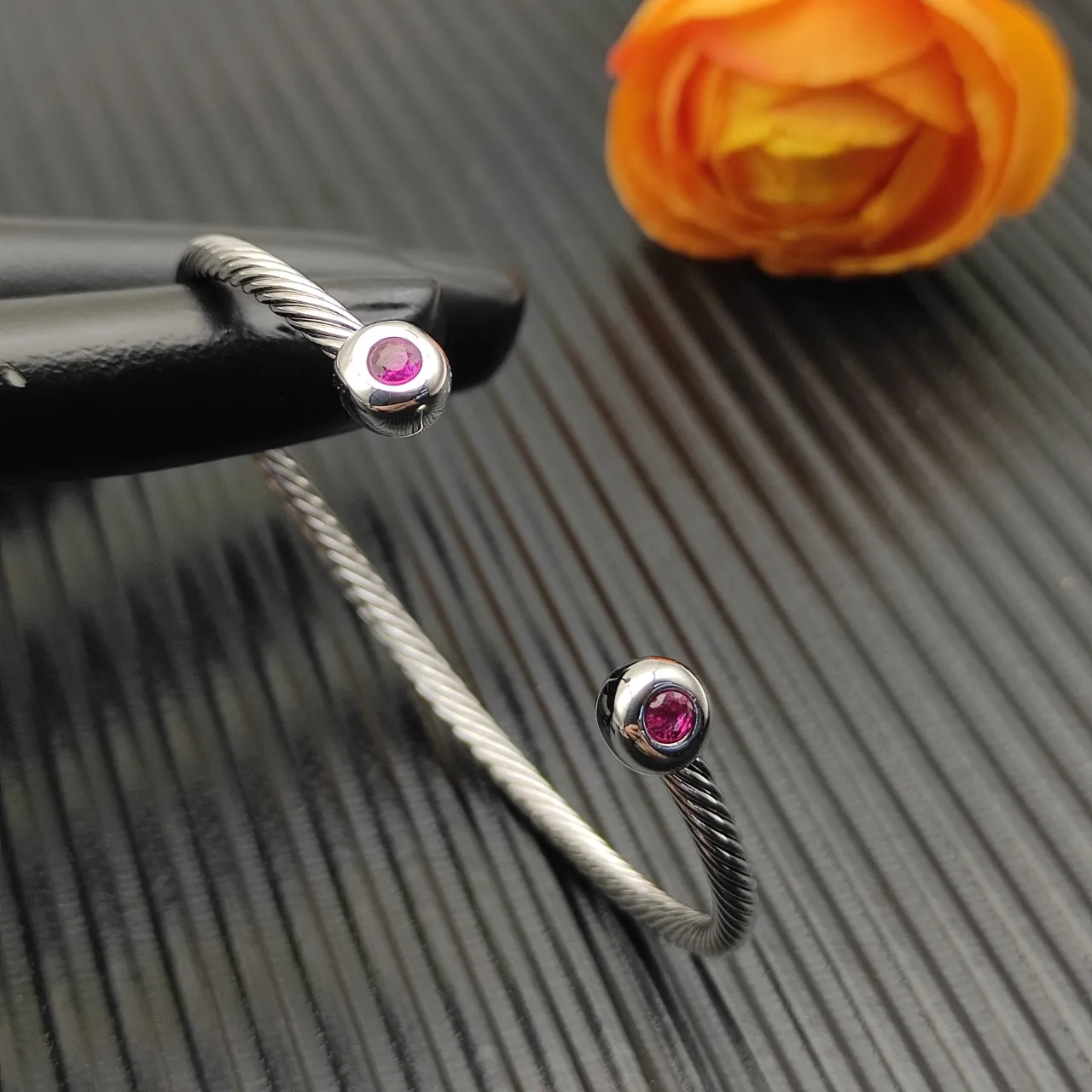 David Yurman Silver Pink Cable-Twist Metal Spherical End Caps Bracelet 4
