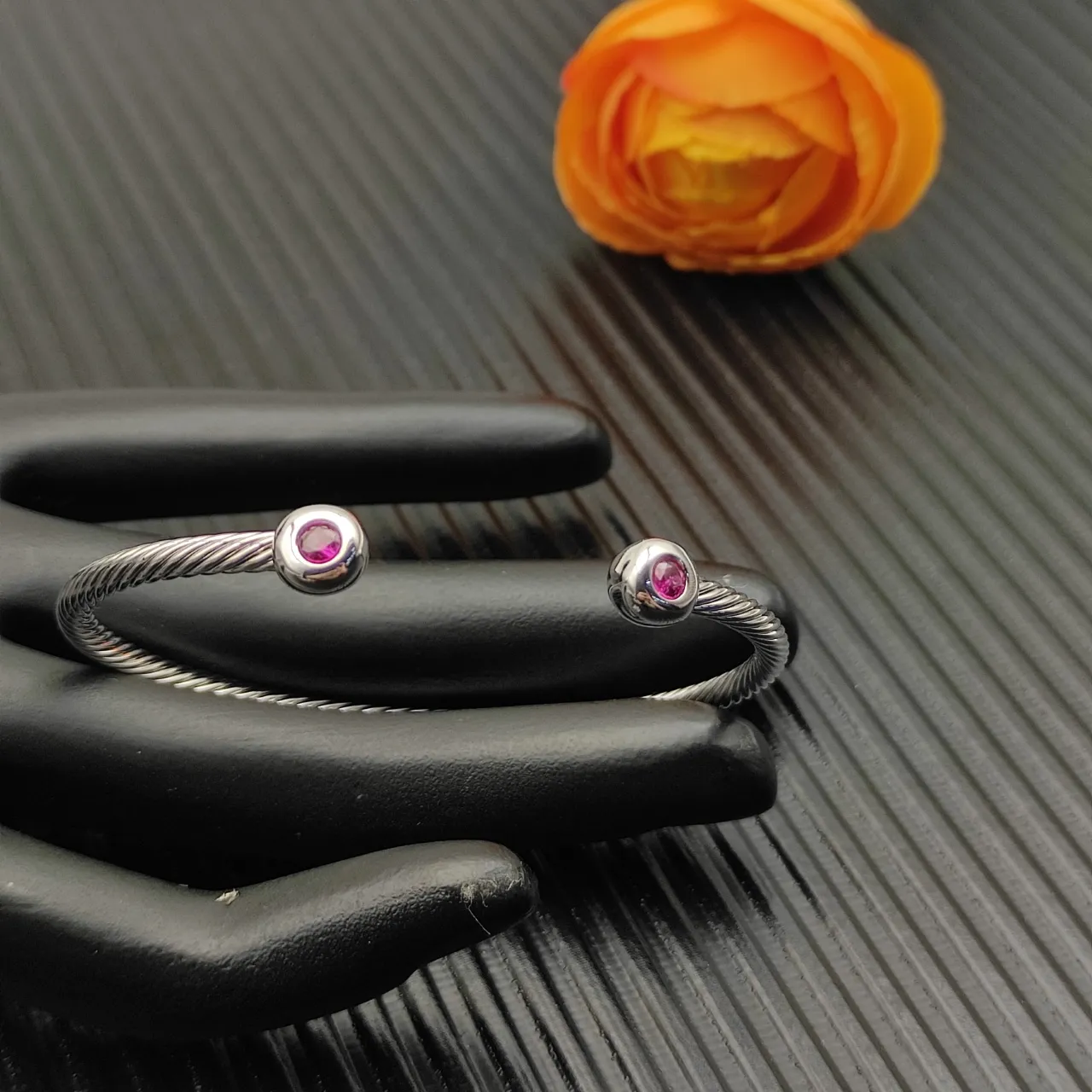 David Yurman Silver Pink Cable-Twist Metal Spherical End Caps Bracelet 5