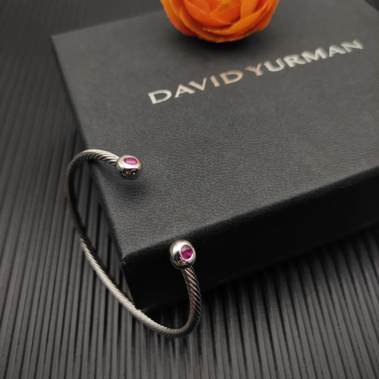 David Yurman Silver Pink Cable-Twist Metal Spherical End Caps Bracelet 8