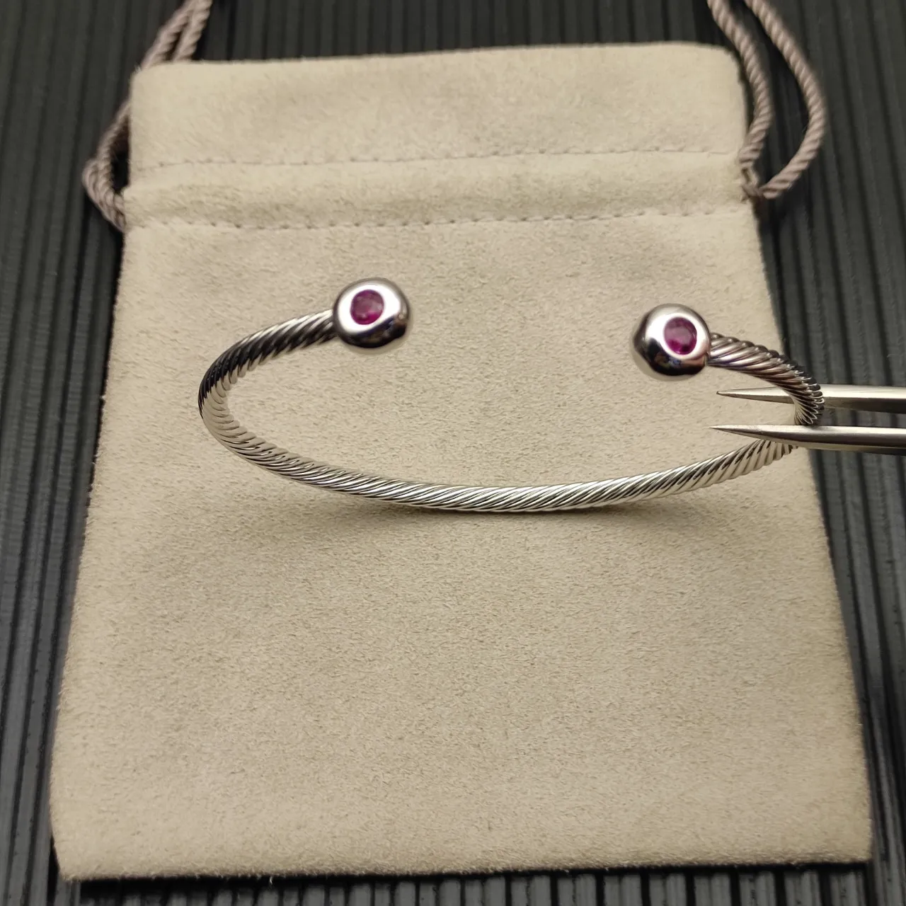 David Yurman Silver Pink Cable-Twist Metal Spherical End Caps Bracelet 10