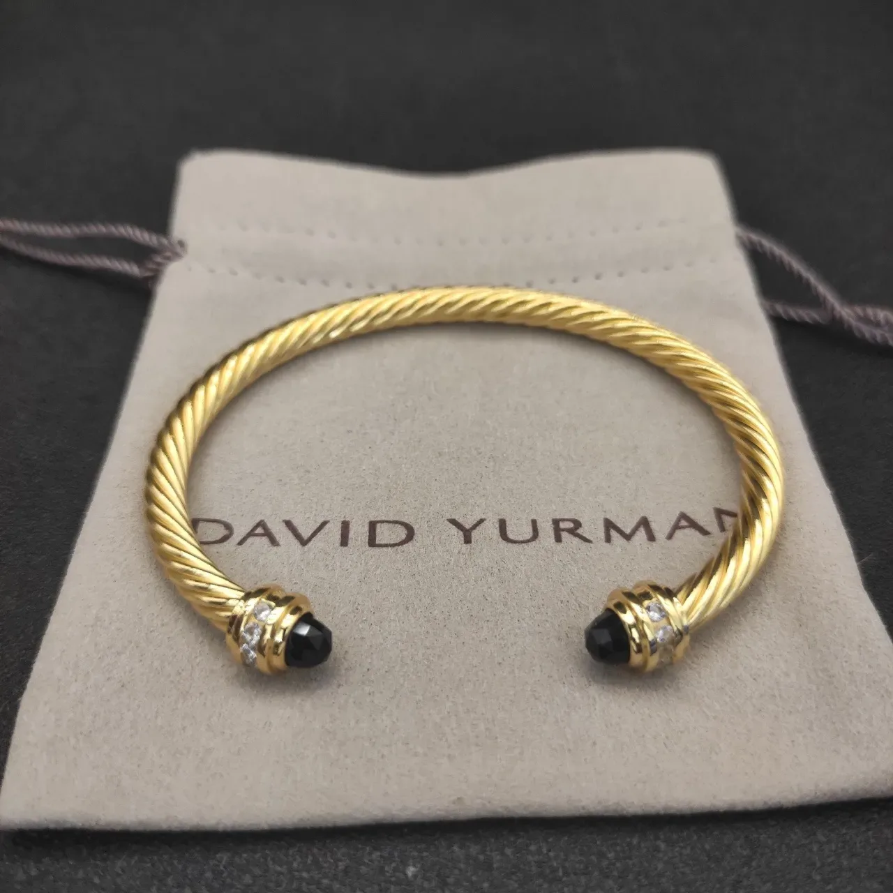 David Yurman Twisted Cable Gold-Toned Black Stone and Diamond Bracelet 3