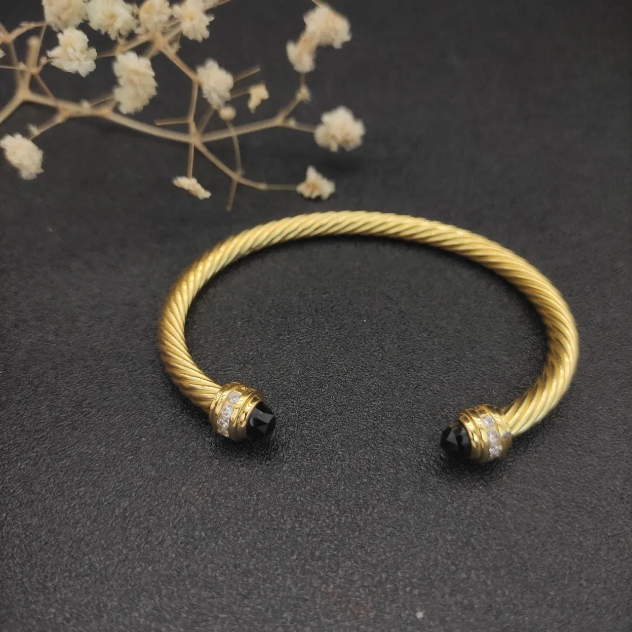 David Yurman Twisted Cable Gold-Toned Black Stone and Diamond Bracelet 7