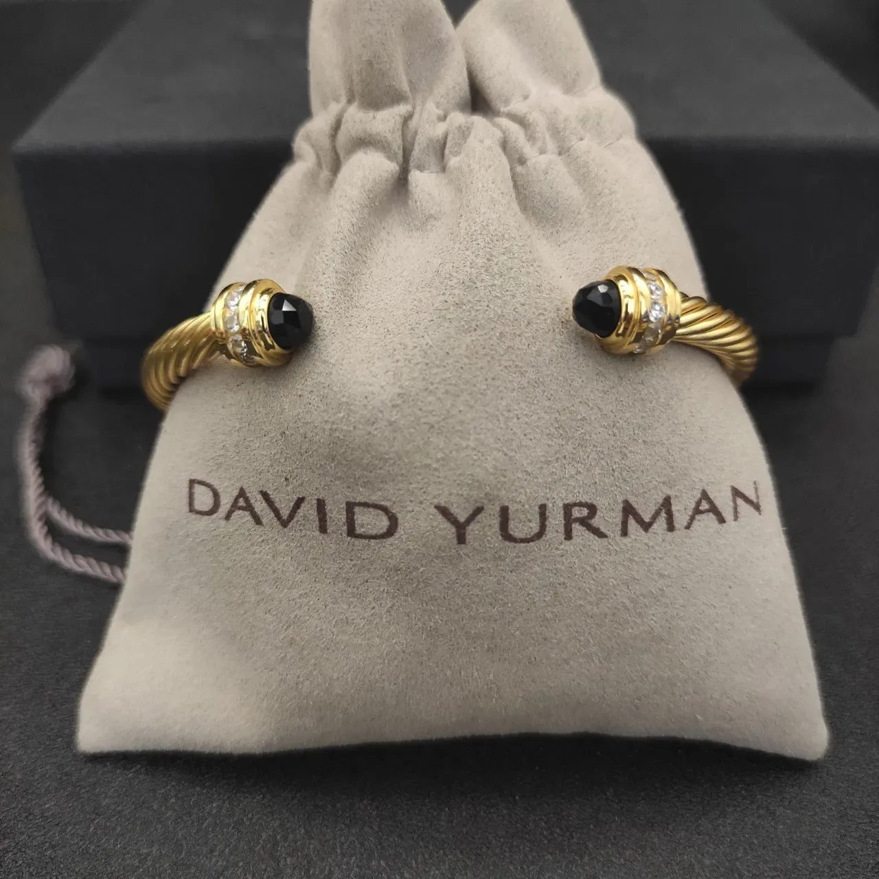 David Yurman Twisted Cable Gold-Toned Black Stone and Diamond Bracelet 9