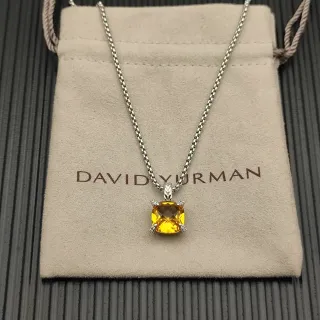 David Yurman قلادة سترين مقصوصة بشكل مخدة فضة صفراء مع إعدادات المخالب ولمسات الماس