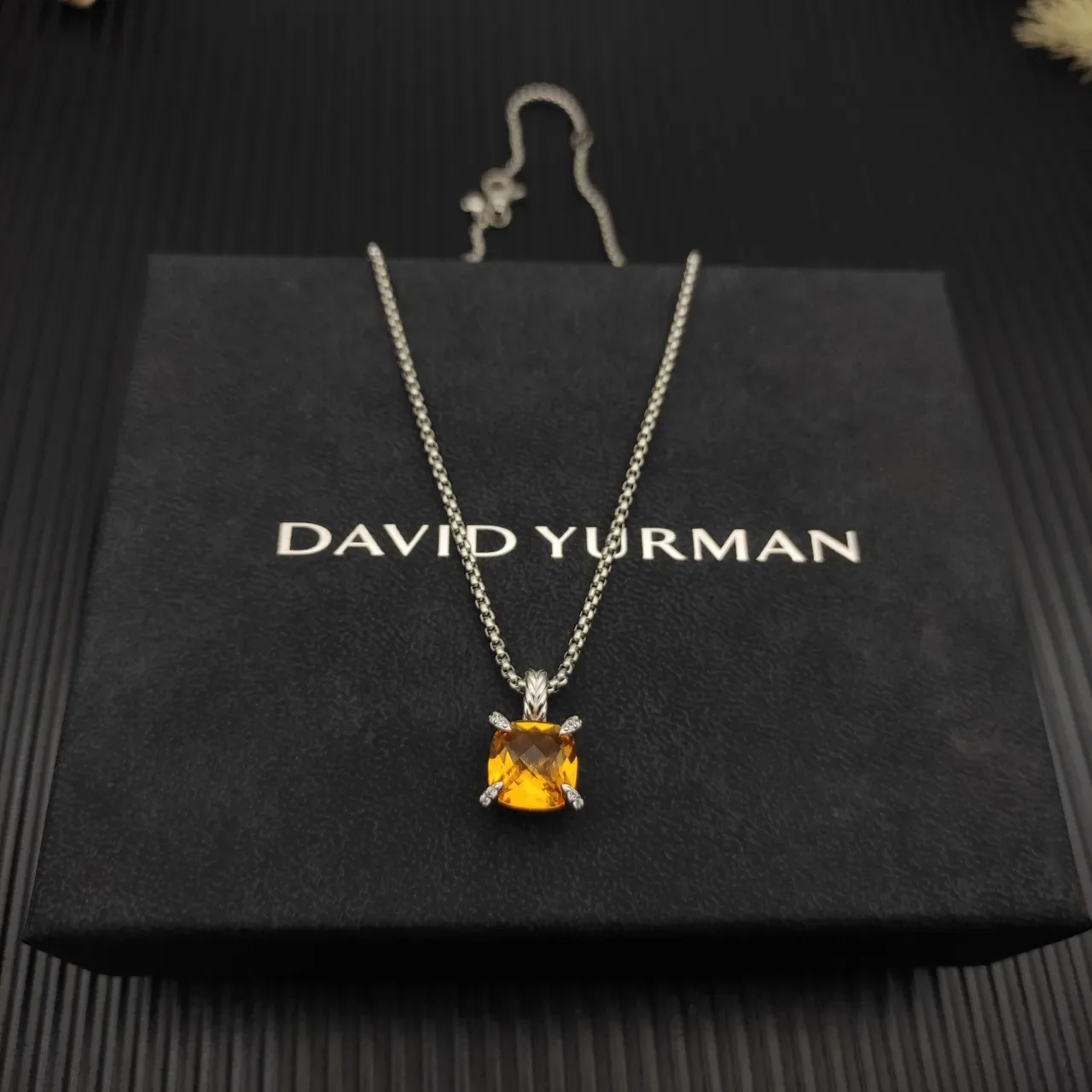 David Yurman Yellow Silver Cushion-Cut Citrine Prong-Set Diamond Accents Necklace 5