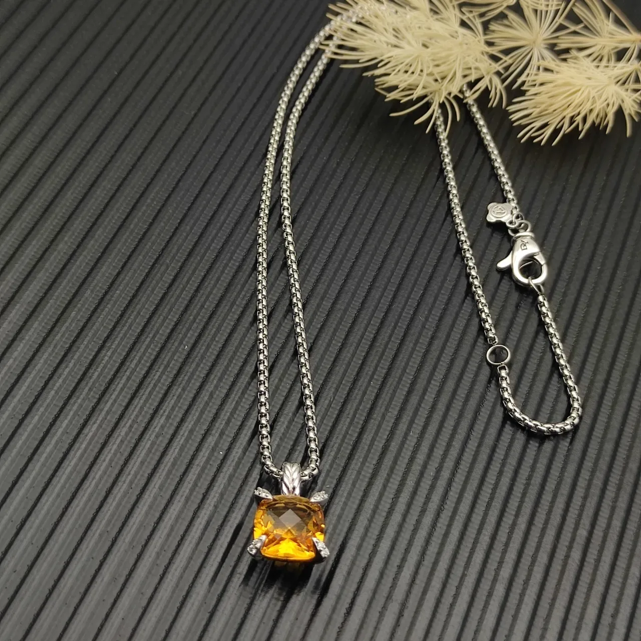 David Yurman Yellow Silver Cushion-Cut Citrine Prong-Set Diamond Accents Necklace 6