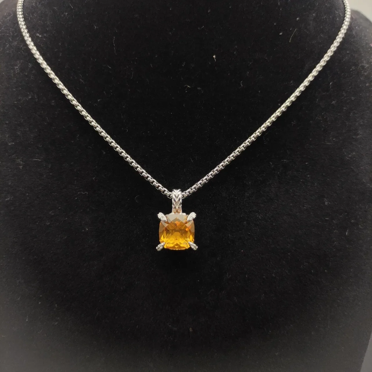 David Yurman Yellow Silver Cushion-Cut Citrine Prong-Set Diamond Accents Necklace 8