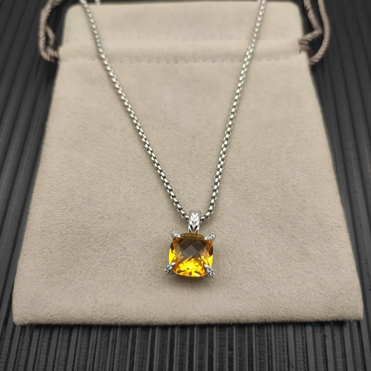 David Yurman Yellow Silver Cushion-Cut Citrine Prong-Set Diamond Accents Necklace 9