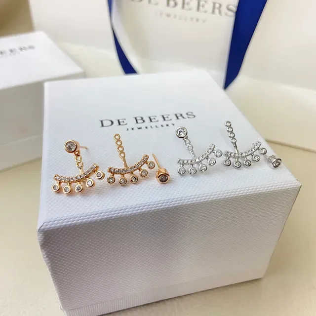 De Beers Gold Silver Curved Bar Dangle Pavé-Set Earrings 4